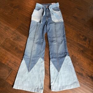 REVICE Blue Flare Wide Leg Jeans with Patchwork Design